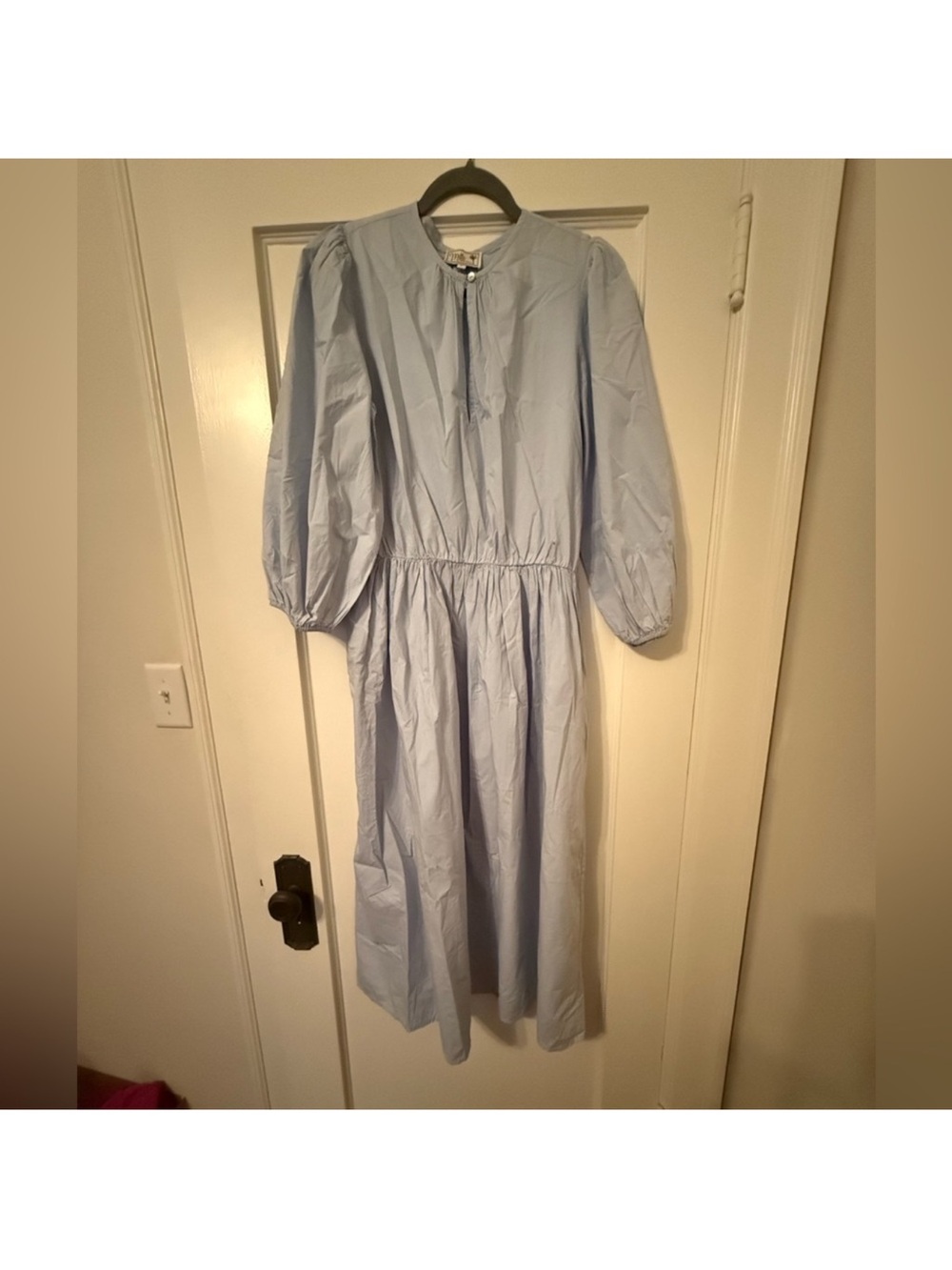 Mille Resort & Travel Light Blue Puff Sleeve Midi Dress with Gathered Waist